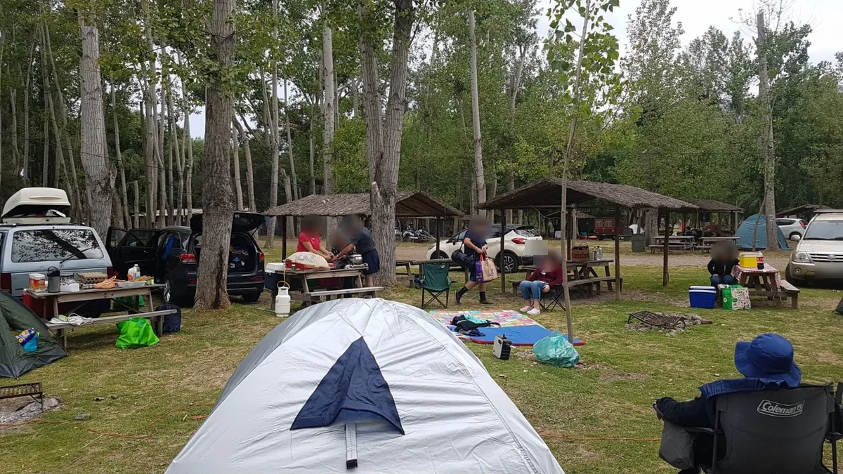 Día de camping en familia: carpas, autos y mesas de picnic bajo los árboles, con los rostros difuminados